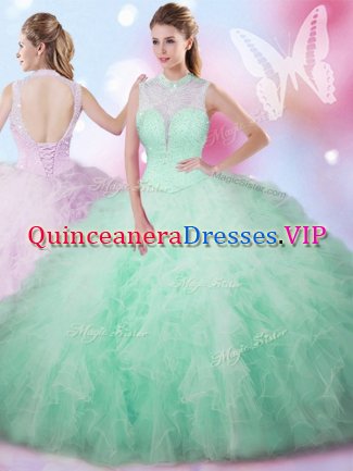 Apple Green Lace Up High-neck Beading and Ruffles Quince Ball Gowns Tulle Sleeveless