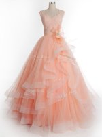 Trendy Peach Straps Neckline Ruffles Quinceanera Gown Sleeveless Lace Up