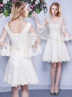 Fancy Scoop 3 4 Length Sleeve Tulle Quinceanera Court of Honor Dress Lace Lace Up