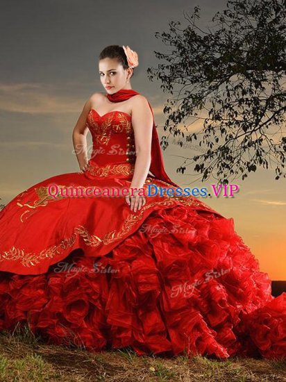 Discount Sleeveless Organza and Taffeta With Brush Train Lace Up 15 Quinceanera Dress in Red with Embroidery and Ruffles - Click Image to Close