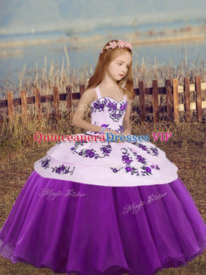 Eggplant Purple Organza Lace Up Straps Sleeveless Floor Length Kids Formal Wear Embroidery - Click Image to Close