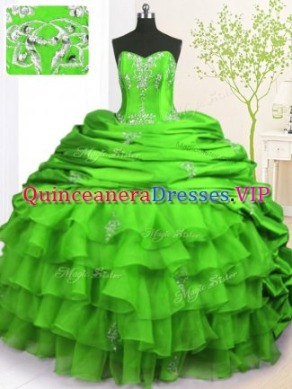 With Train Green Quinceanera Gown Organza and Taffeta Brush Train Sleeveless Beading and Appliques and Ruffled Layers and Pick Ups