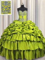 Nice Brush Train Olive Green Ball Gowns Beading and Embroidery and Ruffled Layers and Pick Ups Quinceanera Dresses Lace Up Taffeta Sleeveless Floor Length