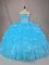 Stunning Blue Ball Gowns Beading and Ruffles 15th Birthday Dress Lace Up Organza Sleeveless Floor Length