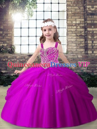 Customized Straps Sleeveless Lace Up Little Girl Pageant Gowns Fuchsia Tulle