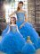 Tulle Sleeveless Ball Gown Prom Dress Brush Train and Beading and Ruffles