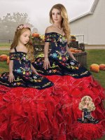Red And Black Ball Gowns Off The Shoulder Sleeveless Organza Floor Length Lace Up Embroidery and Ruffles Sweet 16 Dresses