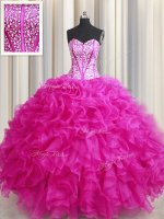 Visible Boning Bling-bling Hot Pink Sleeveless Organza Lace Up Quinceanera Dresses for Military Ball and Sweet 16 and Quinceanera(SKU PSSW0471-8BIZ)