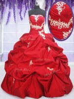 Strapless Sleeveless Quinceanera Gowns Floor Length Appliques and Pick Ups Red Taffeta