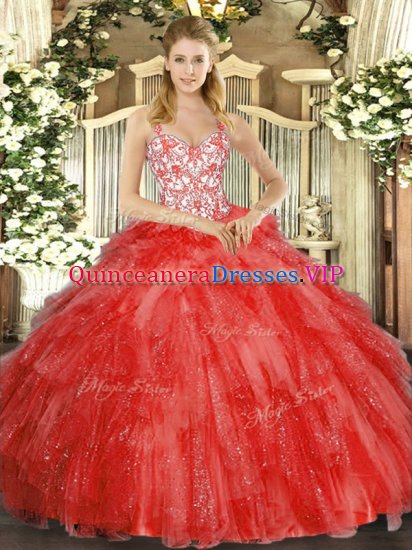 Captivating Coral Red Quinceanera Dresses Sweet 16 and Quinceanera with Beading and Ruffles Straps Sleeveless Lace Up - Click Image to Close