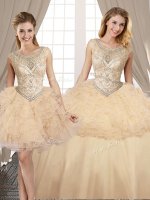 High Quality Three Piece Champagne Lace Up Scoop Beading and Ruffles Quinceanera Gowns Organza and Tulle Sleeveless