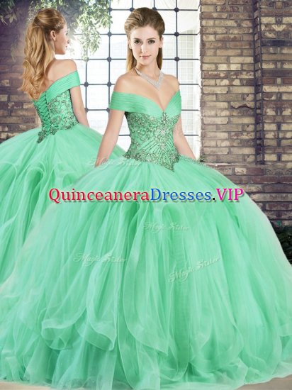 Smart Ball Gowns Sweet 16 Dresses Apple Green Off The Shoulder Tulle Sleeveless Floor Length Lace Up - Click Image to Close