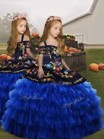 Floor Length Lace Up Girls Pageant Dresses Royal Blue and In with Embroidery