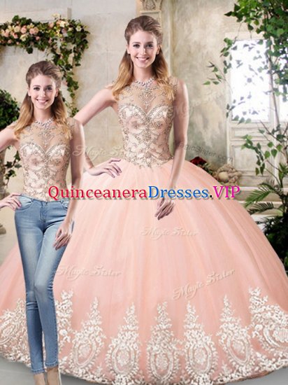 High Quality Sleeveless Floor Length Beading and Lace and Appliques Lace Up Sweet 16 Quinceanera Dress with Peach - Click Image to Close