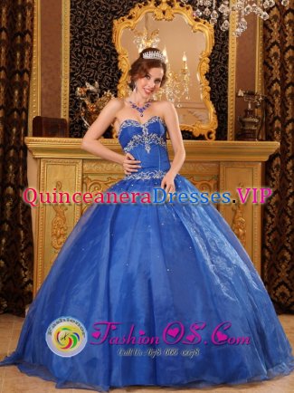 Batesville Mississippi/MS Affordable Blue Quinceanera Dress with Appliques For Sweetheart Organza Ball Gown