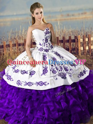 White And Purple Vestidos de Quinceanera Sweet 16 and Quinceanera with Embroidery and Ruffles Sweetheart Sleeveless Lace Up