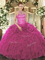 Popular Sleeveless Floor Length Beading and Ruffles Lace Up 15 Quinceanera Dress with Fuchsia