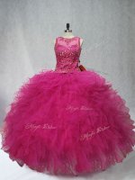 Vintage Fuchsia Tulle Lace Up Scoop Sleeveless Floor Length Quinceanera Gown Beading and Ruffles