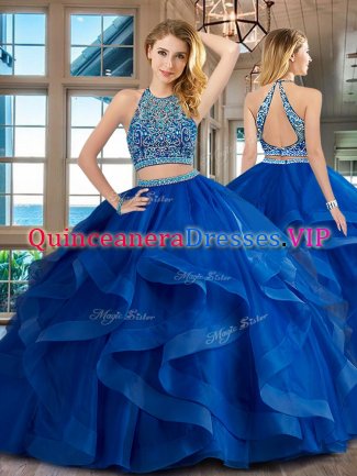 Glorious Royal Blue Backless Scoop Beading and Ruffles Quinceanera Gowns Tulle Sleeveless