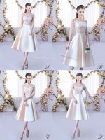 Extravagant Tea Length Lace Up Quinceanera Court Dresses Champagne for Wedding Party with Lace and Belt