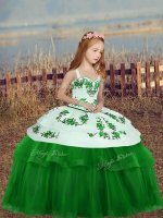 Low Price Floor Length Green Pageant Dress Wholesale Tulle Sleeveless Embroidery