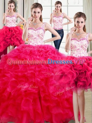Four Piece Floor Length Hot Pink Vestidos de Quinceanera Straps Sleeveless Lace Up