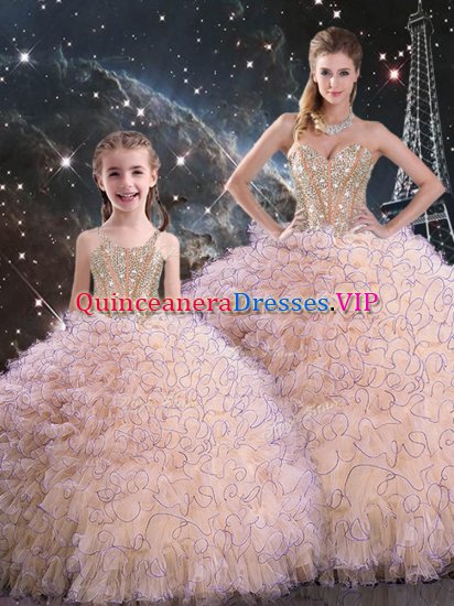 Most Popular Peach Organza Lace Up Sweetheart Sleeveless Floor Length Sweet 16 Dress Beading and Ruffles - Click Image to Close