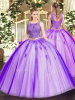 Elegant Sleeveless Floor Length Beading and Appliques Lace Up Vestidos de Quinceanera with Lavender