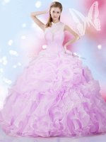 Affordable High-neck Sleeveless Organza Quinceanera Dresses Beading and Ruffles and Pick Ups Lace Up