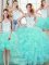 Traditional Four Piece Straps Floor Length Lace Up Quince Ball Gowns Aqua Blue for Military Ball and Sweet 16 and Quinceanera with Beading and Lace and Ruffles