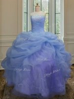 Blue Strapless Neckline Embroidery and Pick Ups 15th Birthday Dress Sleeveless Lace Up