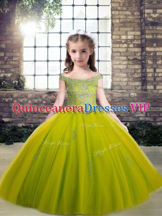 Excellent Ball Gowns Pageant Dress for Girls Olive Green Scoop Tulle Sleeveless Floor Length Lace Up