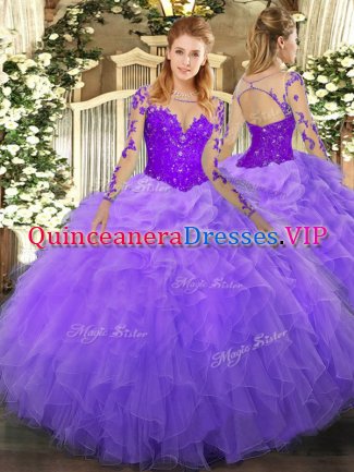 Beautiful Lavender Long Sleeves Lace and Ruffles Floor Length 15 Quinceanera Dress