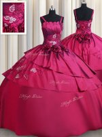 Discount Burgundy Satin Lace Up Straps Sleeveless Floor Length Quince Ball Gowns Embroidery and Hand Made Flower