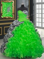 Sleeveless Organza and Printed Brush Train Lace Up Quinceanera Dresses in with Beading and Ruffles and Pick Ups