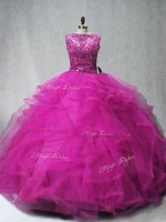 Fuchsia Lace Up Scoop Beading and Ruffles Quinceanera Dress Tulle Sleeveless Brush Train(SKU PSSW0991-4BIZ)