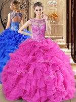 Hot Pink Ball Gowns Organza Scoop Sleeveless Beading and Ruffles Floor Length Lace Up Sweet 16 Quinceanera Dress(SKU QDDTA128002BIZ)