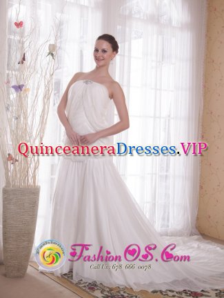 Honolulu Hawaii/HI Strapless Chiffon White A-line / Princess Chapel Train Rhinestones Quinceanera Dama Dress