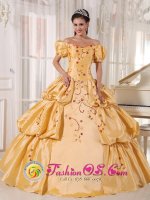 The Plains Virginia/VA Taffeta Off The Shoulder and Short Sleeves Yellow Quinceanera Dress With Embroidery and Pick-ups