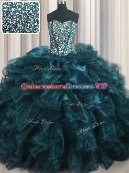 Pretty Visible Boning Bling-bling Teal 15 Quinceanera Dress Military Ball and Sweet 16 and Quinceanera with Beading and Ruffles Sweetheart Sleeveless Brush Train Lace Up - Click Image to Close