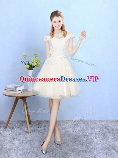 Knee Length Champagne Quinceanera Dama Dress Off The Shoulder Cap Sleeves Lace Up - Click Image to Close