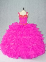 Superior Fuchsia 15th Birthday Dress Sweet 16 and Quinceanera with Beading and Ruffles Straps Sleeveless Lace Up
