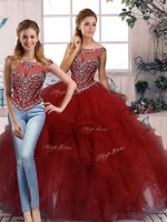 Sleeveless Organza Floor Length Zipper Quinceanera Gown in Burgundy with Beading and Ruffles