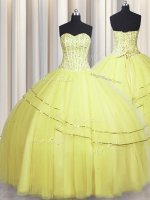 Spectacular Visible Boning Really Puffy Light Yellow Ball Gowns Beading Quinceanera Gowns Lace Up Tulle Sleeveless Floor Length