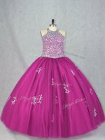 Fuchsia Sleeveless Floor Length Beading and Appliques Lace Up Quince Ball Gowns