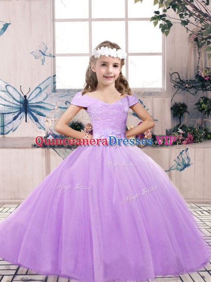 Perfect Off The Shoulder Sleeveless Lace Up Little Girl Pageant Gowns Lavender Tulle - Click Image to Close