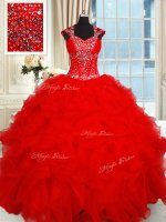 Hot Selling Red Backless Sweetheart Beading and Ruffles 15th Birthday Dress Organza Cap Sleeves