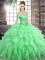 Modern Apple Green Off The Shoulder Lace Up Beading and Ruffles Sweet 16 Quinceanera Dress Brush Train Sleeveless