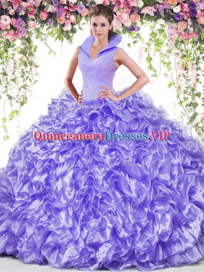 Excellent Lavender High-neck Neckline Beading and Ruffles Sweet 16 Quinceanera Dress Sleeveless Backless - Click Image to Close