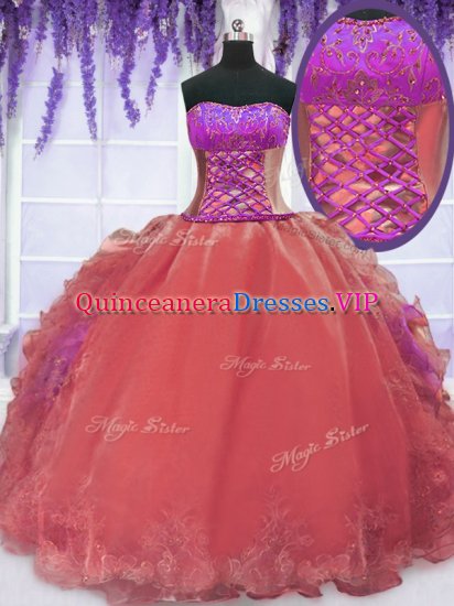New Arrival Watermelon Red Strapless Neckline Embroidery and Ruffles Quinceanera Dress Sleeveless Lace Up - Click Image to Close